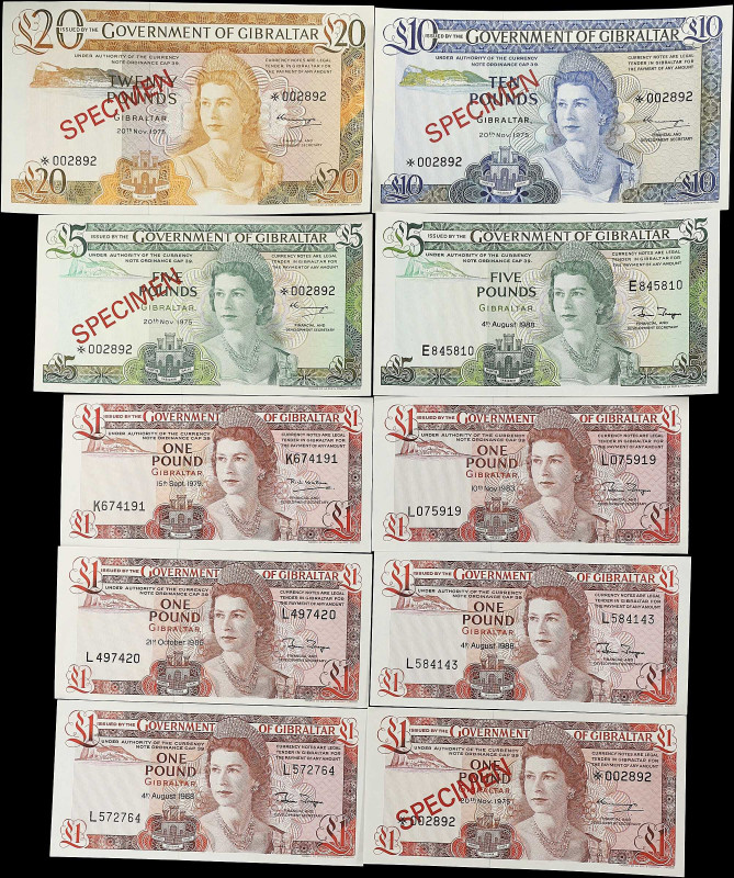 GIBRALTAR. Lot of (10). Government of Gibraltar. 1, 5, 10 & 20 Pounds, 1975-88. ...