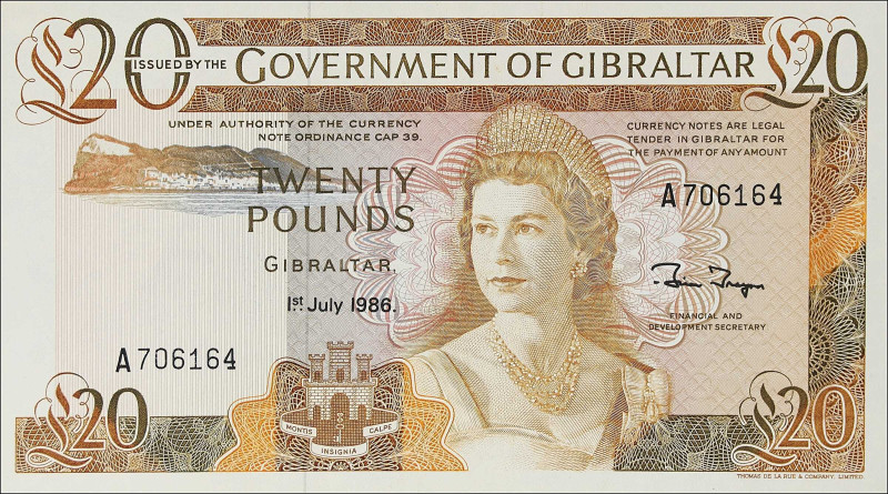 GIBRALTAR. Government of Gibraltar. 20 Pounds, 1986. P-23c. Uncirculated.
Dated...