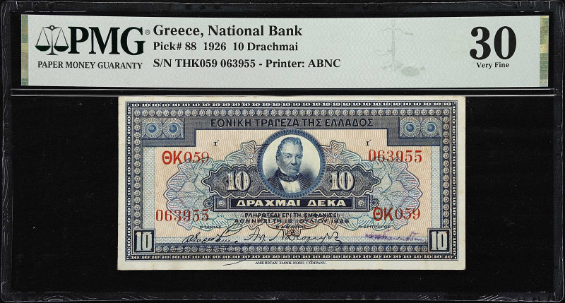 GREECE. National Bank of Greece. 10 Drachmai, 1926. P-88. PMG Very Fine 30.

E...