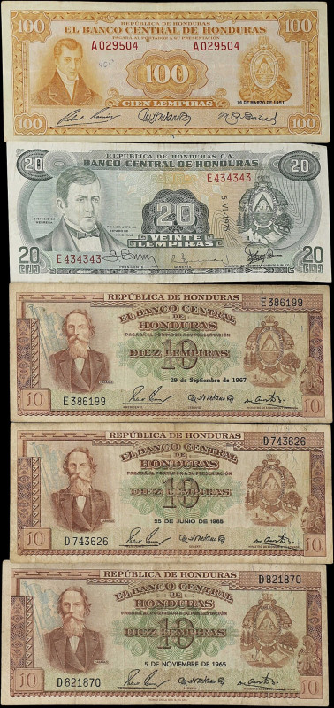 HONDURAS. Lot of (5). Banco Central de Honduras. 10, 20 & 100 Lempiras, 1951-75....