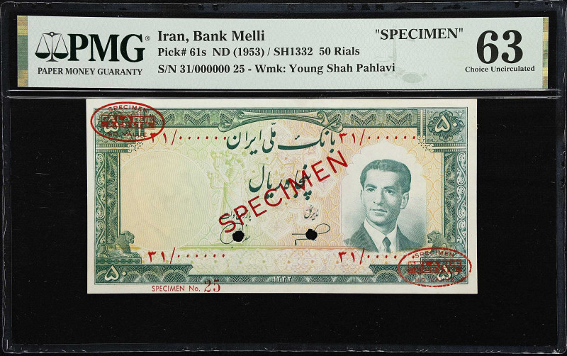 IRAN. Bank Melli. 50 Rials, ND (1953). P-61s. Specimen. PMG Choice Uncirculated ...