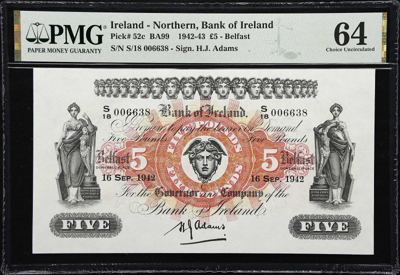 IRELAND, NORTHERN. Bank of Ireland. 5 Pounds, 1942. P-52c. BA99. PMG Choice Unci...