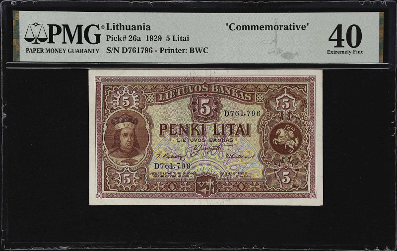 LITHUANIA. Lietuvos Bankas. 5 Litai, 1929. P-26a. Commemorative. PMG Extremely F...