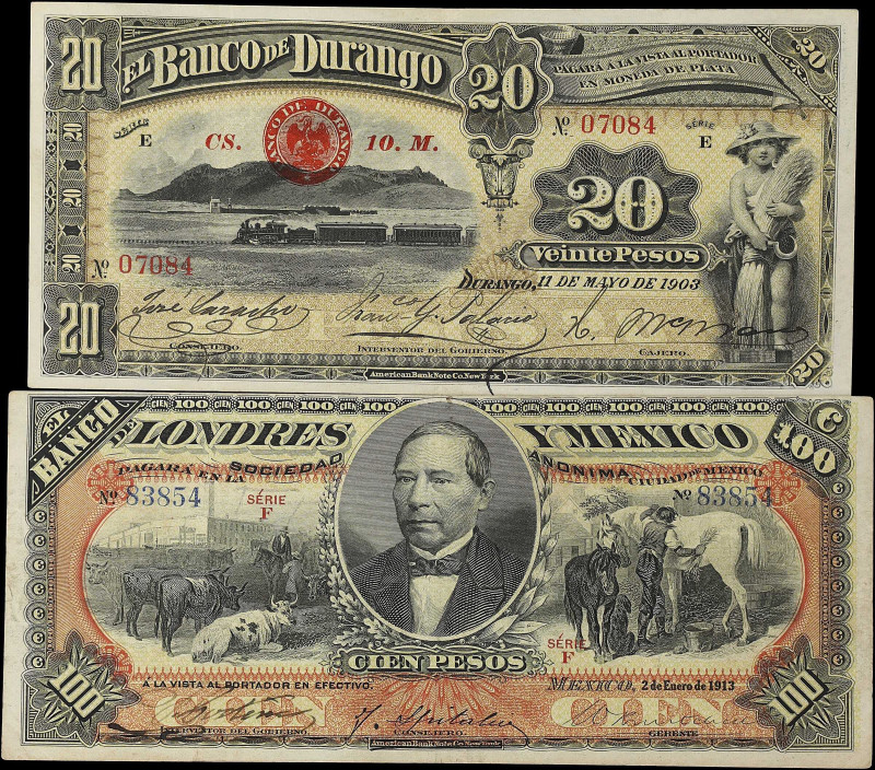 MEXICO. Lot of (2). Mixed Banks. 20 & 100 Pesos, 1903-13. P-S237e & S275b. Very ...