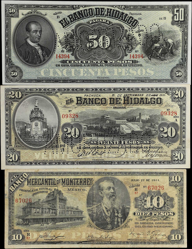 MEXICO. Lot of (3). Banco de Hidalgo & Banco Mercantil de Monterrey. 10, 20 & 50...