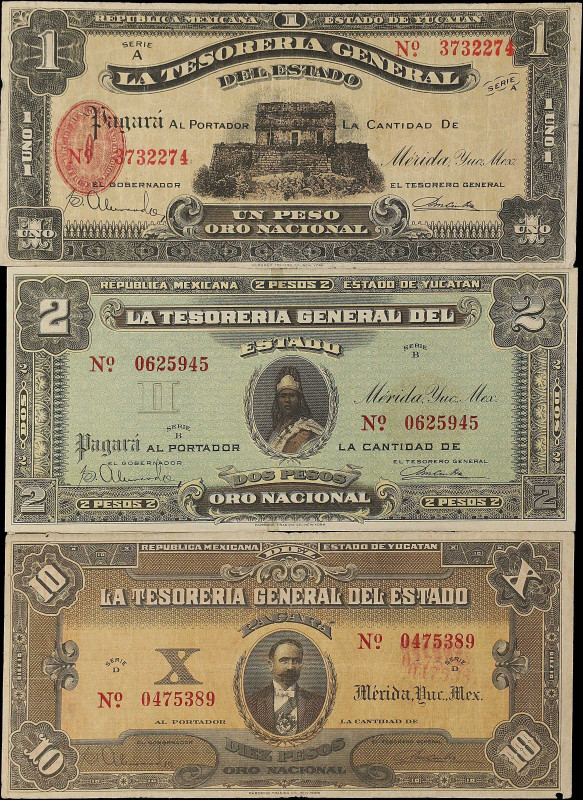 MEXICO. Lot of (3). La Tesoreria General Del Estado. 1, 2 & 10 Pesos, 1916. P-Va...