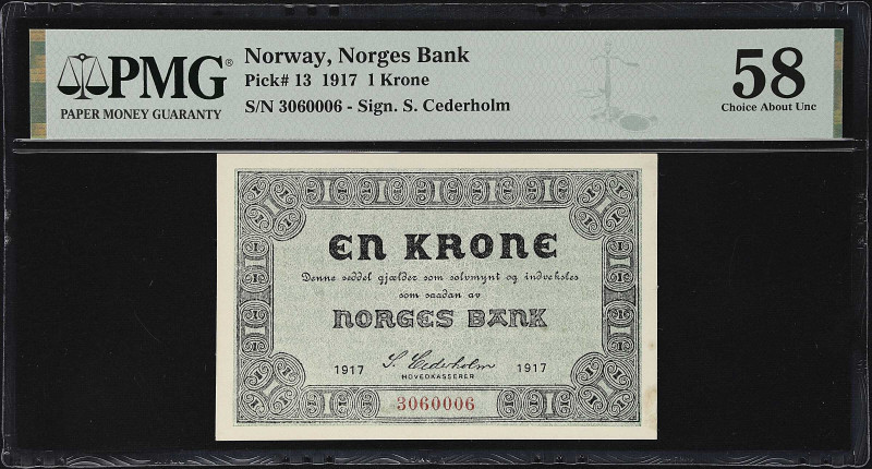 NORWAY. Lot of (2). Norges Bank. 1 Krone, 2 Kroner, 1917-18. P-13 & 14a. PMG Cho...