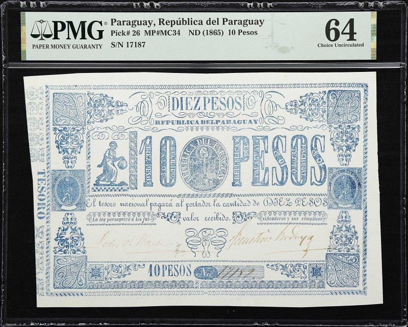 PARAGUAY. Tesoro Nacional. 10 Pesos, ND (1865). P-26. MP#MC34. PMG Choice Uncirc...