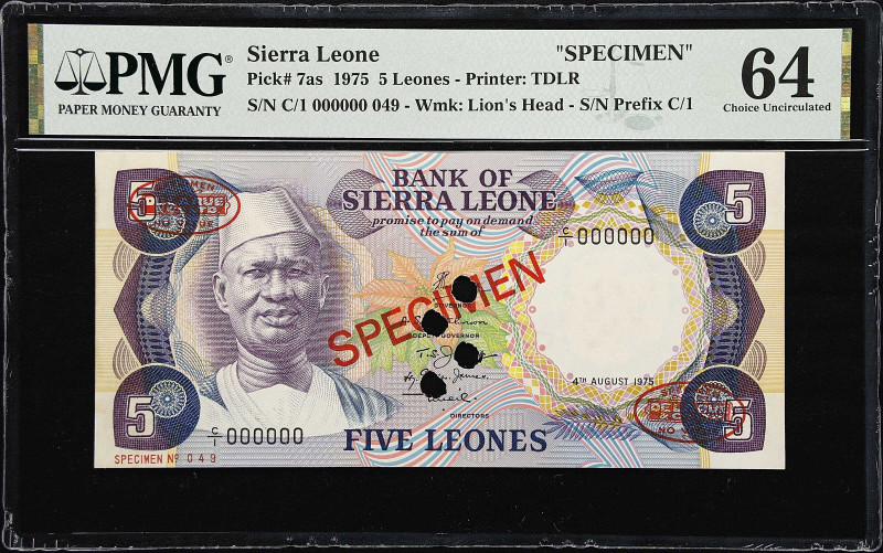 SIERRA LEONE. Bank of Sierra Leone. 5 Leones, 1975. P-7as. Specimen. PMG Choice ...