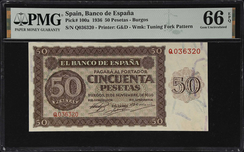 SPAIN. Banco de Espana. 50 Pesetas, 1936. P-100a. PMG Gem Uncirculated 66 EPQ.
...