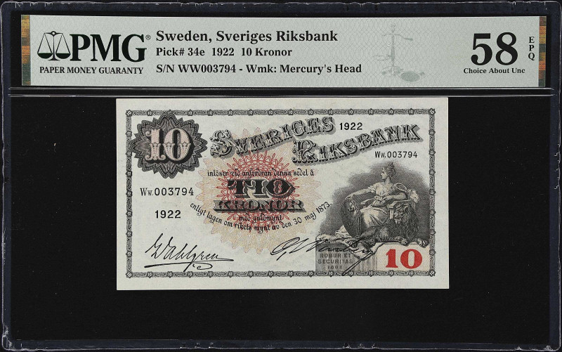 SWEDEN. Sveriges Riksbank. 10 Kronor, 1922. P-34e. PMG Choice About Uncirculated...