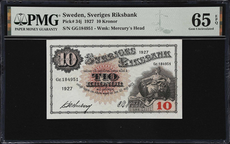 SWEDEN. Sveriges Riksbank. 10 Kronor, 1927. P-34j. PMG Gem Uncirculated 65 EPQ....