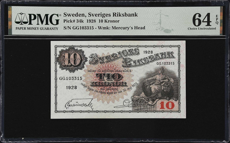 SWEDEN. Sveriges Riksbank. 10 Kronor, 1928. P-34k. PMG Choice Uncirculated 64 EP...