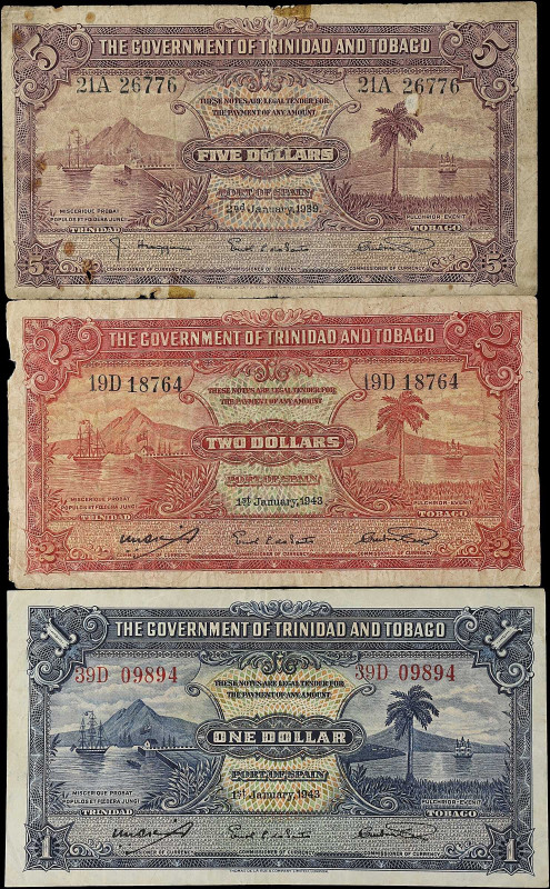 TRINIDAD & TOBAGO. Government of Trinidad and Tobago. 1, 2 & 5 Dollars, 1939-43....