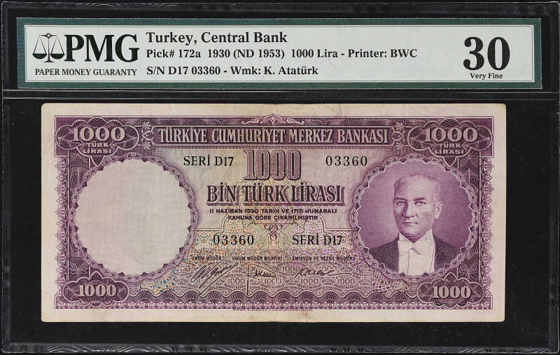 TURKEY. Turkiye Cumhuriyet Merkez Bankasi. 1000 Lira, 1930. P-172a. PMG Very Fin...