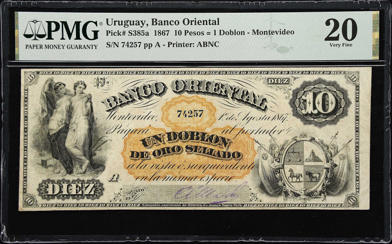 URUGUAY. Banco Oriental. 10 Pesos = 1 Doblon, 1867. P-S385a. PMG Very Fine 20.
...