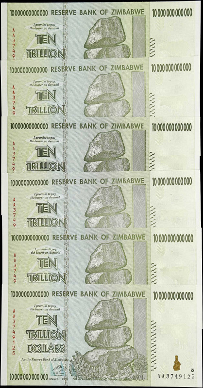 ZIMBABWE. Lot of (6). Reserve Bank of Zimbabwe. 10 Trillion Dollars, 2008. P-88....