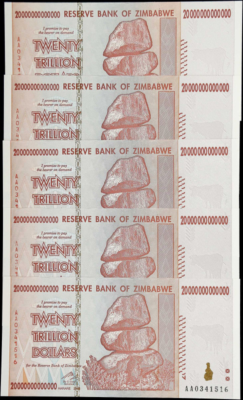 ZIMBABWE. Lot of (5). Reserve Bank of Zimbabwe. 20 Trillion Dollars, 2008. P-89....