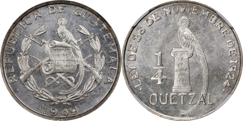 GUATEMALA. 1/4 Quetzal, 1949/8. NGC MS-64.
KM-243.2. Overdate variety.

Estim...