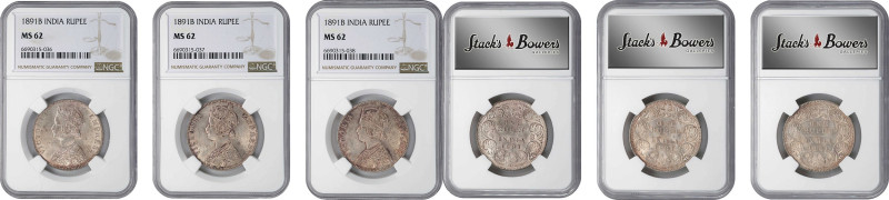 INDIA. Trio of Rupees (3 Pieces), 1891-B. Bombay Mint. Victoria. Both NGC MS-62....