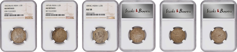 INDIA. Trio of 1/2 Rupees (3 Pieces), 1862-93. Victoria. NGC AU Details--Obverse...