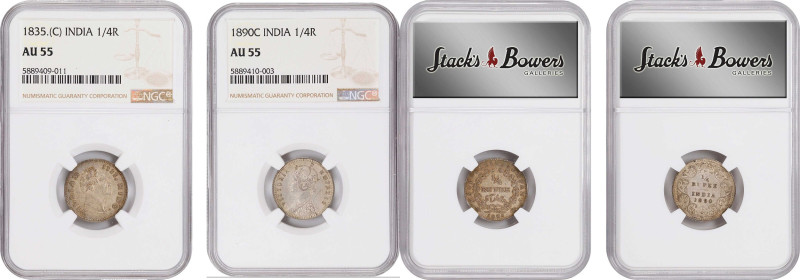 INDIA. Duo of 1/4 Rupees (2 Pieces), 1835-90. Calcutta Mint. NGC AU-55.
1) Brit...