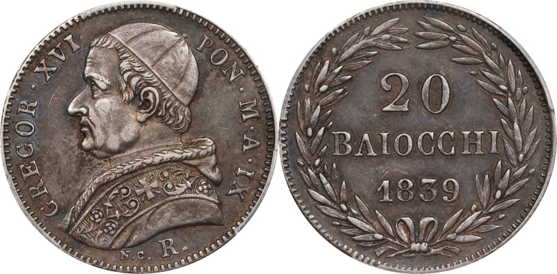 ITALY. Papal (States of the Church). 20 Baiocchi, 1839-R Year IX. Rome Mint. Gre...