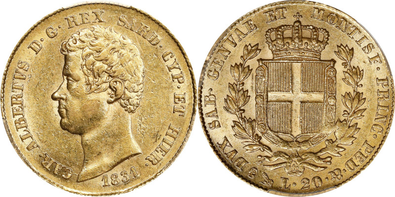 ITALY. Sardinia. 20 Lire, 1831-P. Genoa Mint; mm: Anchor. Carlo Alberto. PCGS AU...