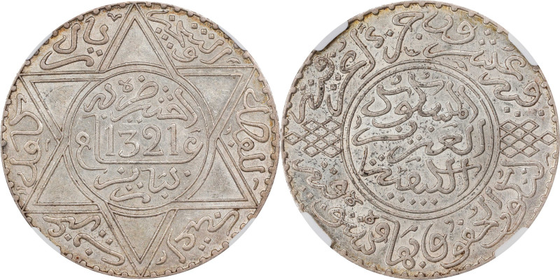 MOROCCO. Rial (10 Dirhams), AH 1321 (1903). Paris Mint. Abd al-Aziz. NGC MS-61....