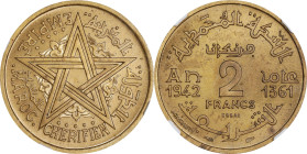 MOROCCO. Brass 2 Francs Essai (Pattern), AH 1361/1942. Paris Mint. NGC MS-65.
KM-E30; Lec-230.

Estimate: $100.00- $200.00