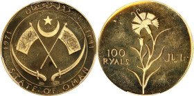 OMAN. Gold Medallic 100 Ryals, AH 1391 (1971). PCGS PROOF-68 Deep Cameo.
Fr-3; KMX-M5. AGW: 0.2359 oz.

Estimate: $500.00- $1000.00