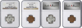 PALESTINE. Duo of Mixed Denominations (2 Pieces), 1935-43. Both NGC Certified.
1) 50 Mils, 1935. NGC MS-63. KM-6. 2) Mil, 1943. NGC MS-64 Brown. KM-1...