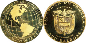 PANAMA. 500 Balboas, 1978-FM. Pennsylvania (Franklin) Mint. PCGS PROOF-68 Deep Cameo.
Fr-4; KM-57. Mintage: 2,009. AGW: 1.2066 oz. Struck to commemor...