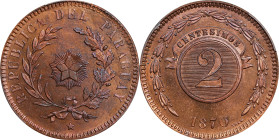 PARAGUAY. 2 Centesimos, 1870. PCGS SPECIMEN-65 Red Brown.
KM-3.

Estimate: $500