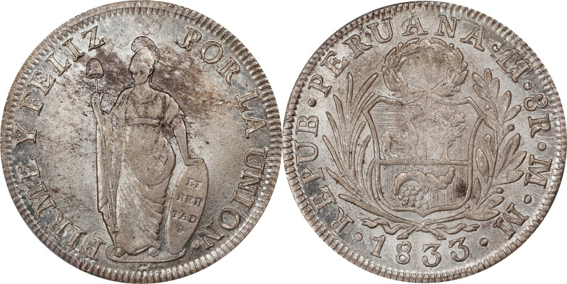 PERU. 8 Reales, 1833-LIMA MM. Lima Mint. PCGS MS-61.
KM-142.3.

Estimate: $20...