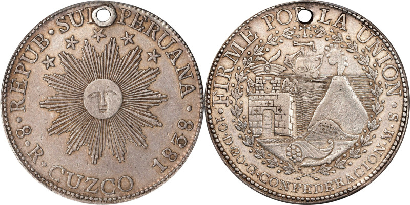 PERU. South Peru. 8 Reales, 1838-CUZCO MS. Cuzco Mint. PCGS Genuine--Holed, EF D...