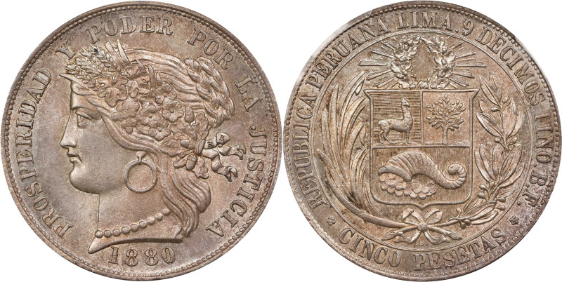 PERU. 5 Pesetas, 1880-B BF. Lima Mint. PCGS MS-63.
KM-201.2. Variety with dot a...