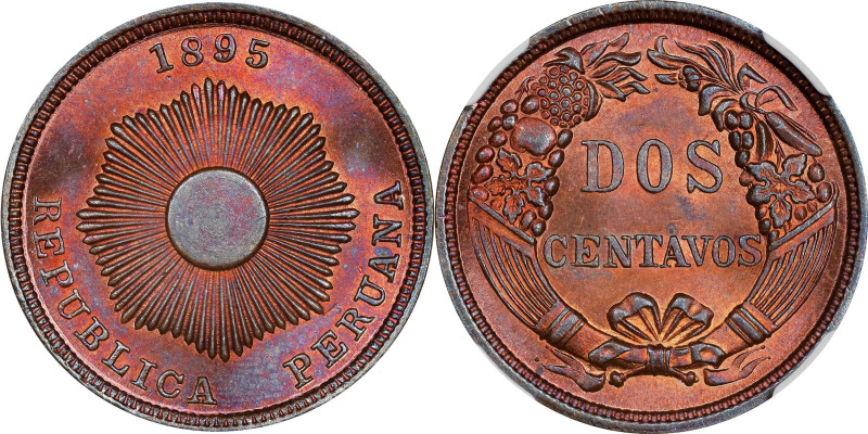 PERU. 2 Centavos, 1895. NGC MS-65 Red Brown.
KM-188. Vivid pinkish rose surface...