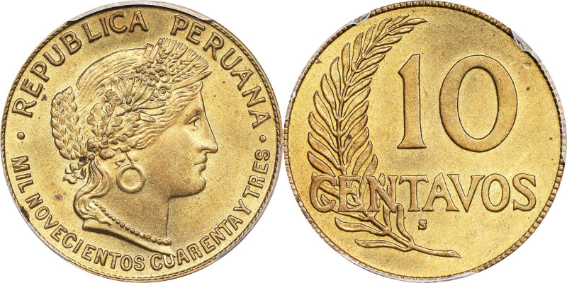 PERU. Brass 10 Centavos, 1943-S. San Francisco Mint. PCGS MS-64.
KM-214A.2.

...