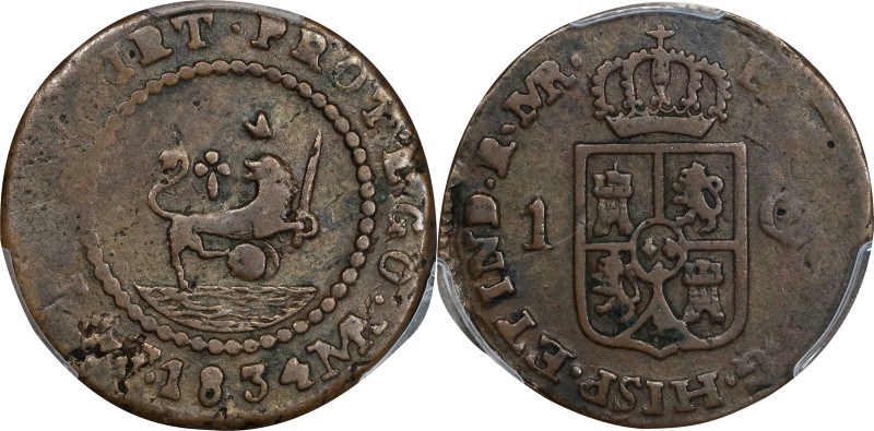 PHILIPPINES. Quarto, 1834-MA F. Manila Mint. Ferdinand VII. PCGS VF-30.
KM-10; ...