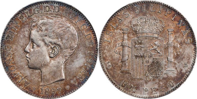 PHILIPPINES. Peso, 1897-SG V. Manila Mint. Alfonso XIII. PCGS AU-50.
KM-154; Ca...