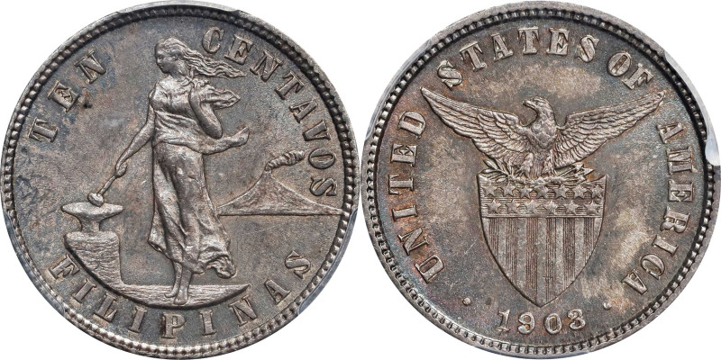 PHILIPPINES. 10 Centavos, 1903. Philadelphia Mint. PCGS MS-64.
KM-165; Allen-7....