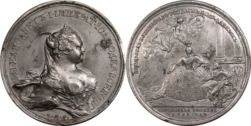 RUSSIA. Coronation of Elizabeth White Metal Medal, 1742. ABOUT UNCIRCULATED Deta...