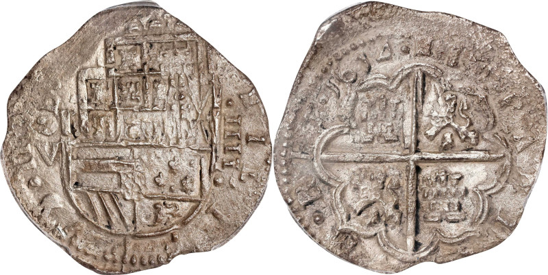 SPAIN. Cob 4 Reales, 1614-S V. Seville Mint. Philip III. PCGS Genuine--Salt Wate...