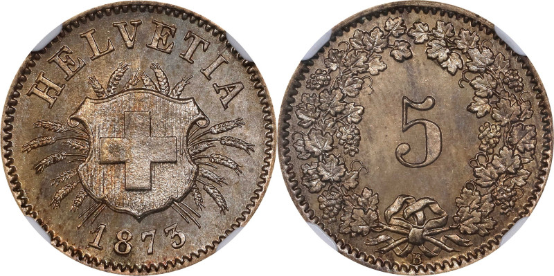 SWITZERLAND. 5 Rappen, 1873-B. Bern Mint. NGC MS-65.
KM-5.

Estimate: $75.00-...