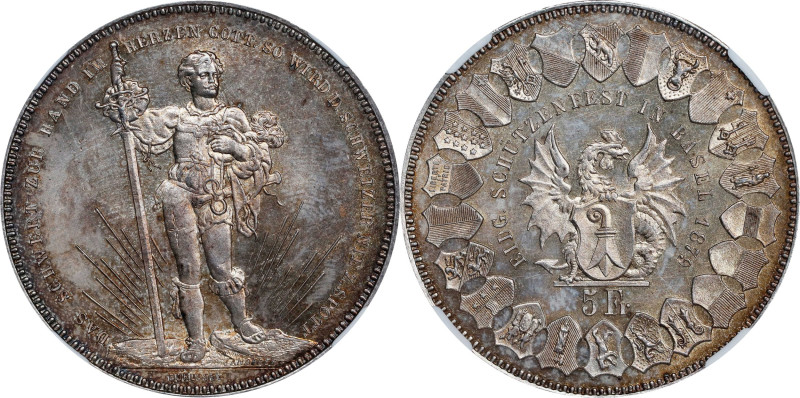 SWITZERLAND. Basel Shooting Festival Silver Medallic 5 Franc, 1879. Bern Mint. N...