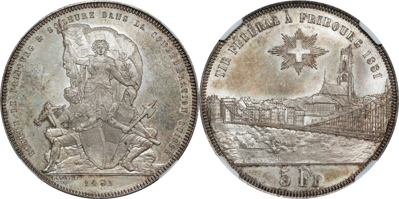 SWITZERLAND. Fribourg Shooting Festival Silver Medallic 5 Francs, 1881. Bern Min...