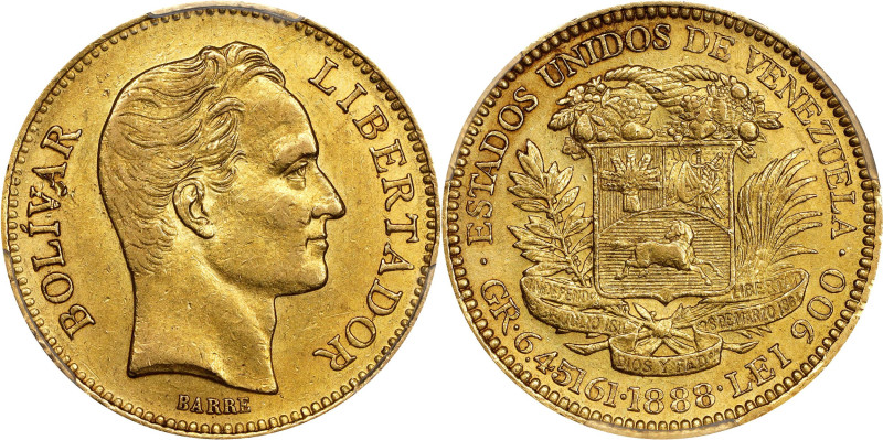 VENEZUELA. 20 Bolivares, 1888. Caracas Mint. PCGS AU-55.
Fr-5B; KM-Y-32; Stohr-...