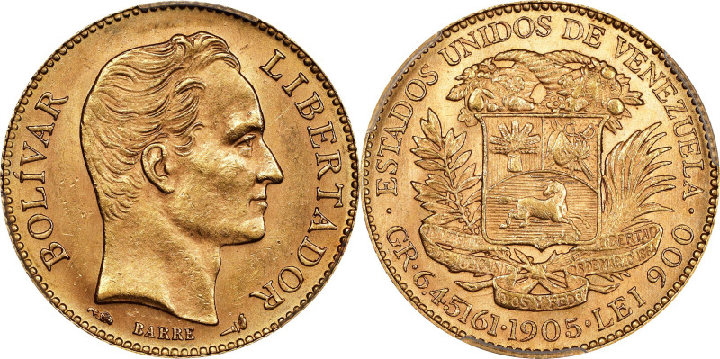 VENEZUELA. 20 Bolivares, 1905. Paris Mint. PCGS MS-63.
Fr-5C; KM-Y-32; Stohr-66...