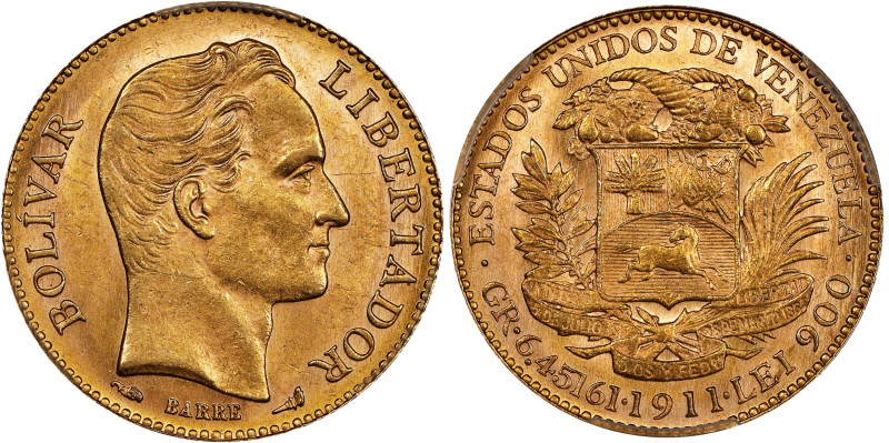 VENEZUELA. 20 Bolivares, 1911. Paris Mint. PCGS MS-63.
Fr-5C; KM-Y-32; Stohr-66...